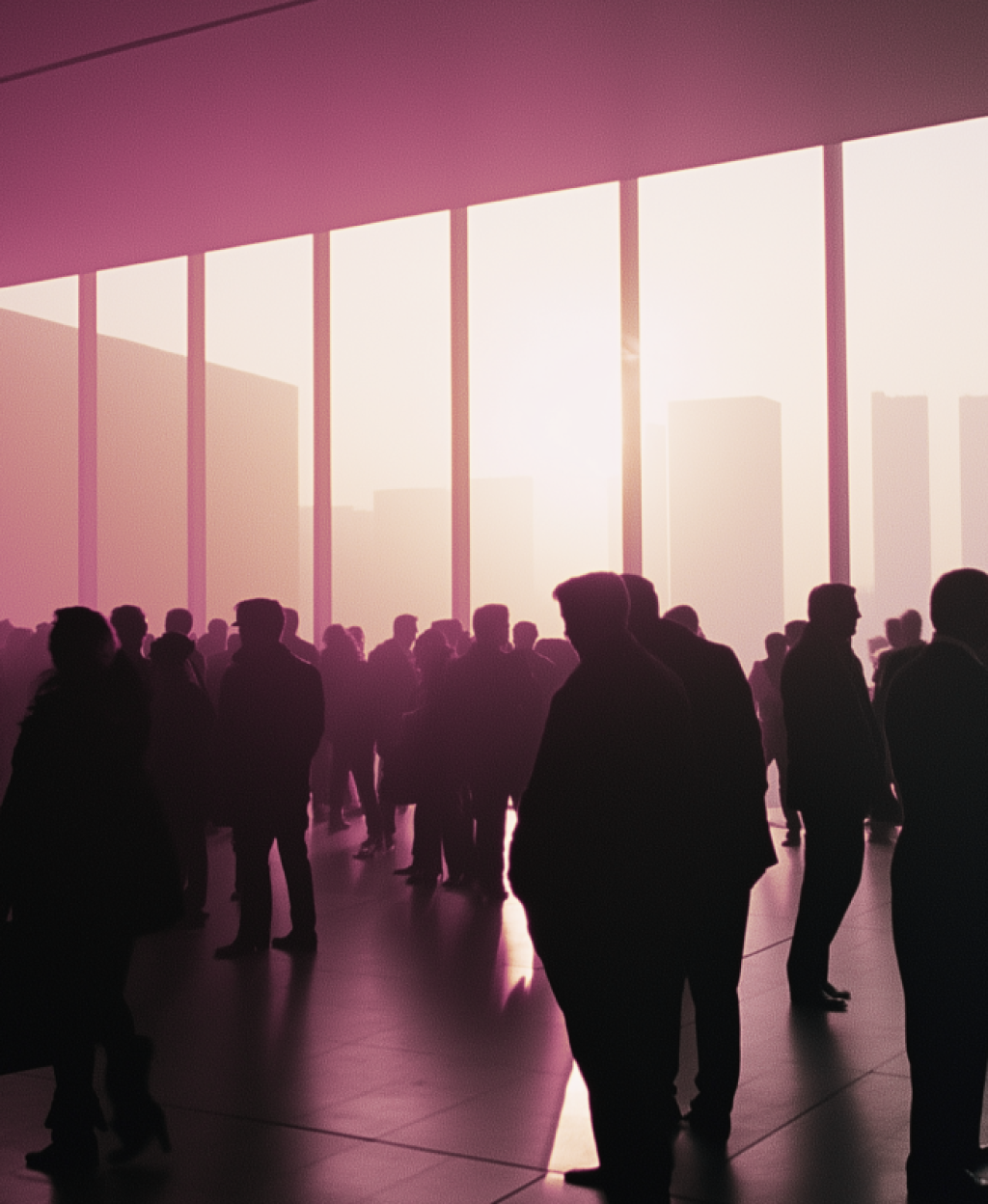 Eine gro&szlig;e Menschenmenge steht innerhalb eines modernen Geb&auml;udes mit hohen Fenstern, durch die sanftes, pinkes Licht str&ouml;mt. Die Silhouetten der Personen sind vor dem hellen Hintergrund erkennbar, w&auml;hrend die Stadt bei Sonnenuntergang im Hintergrund sichtbar ist.